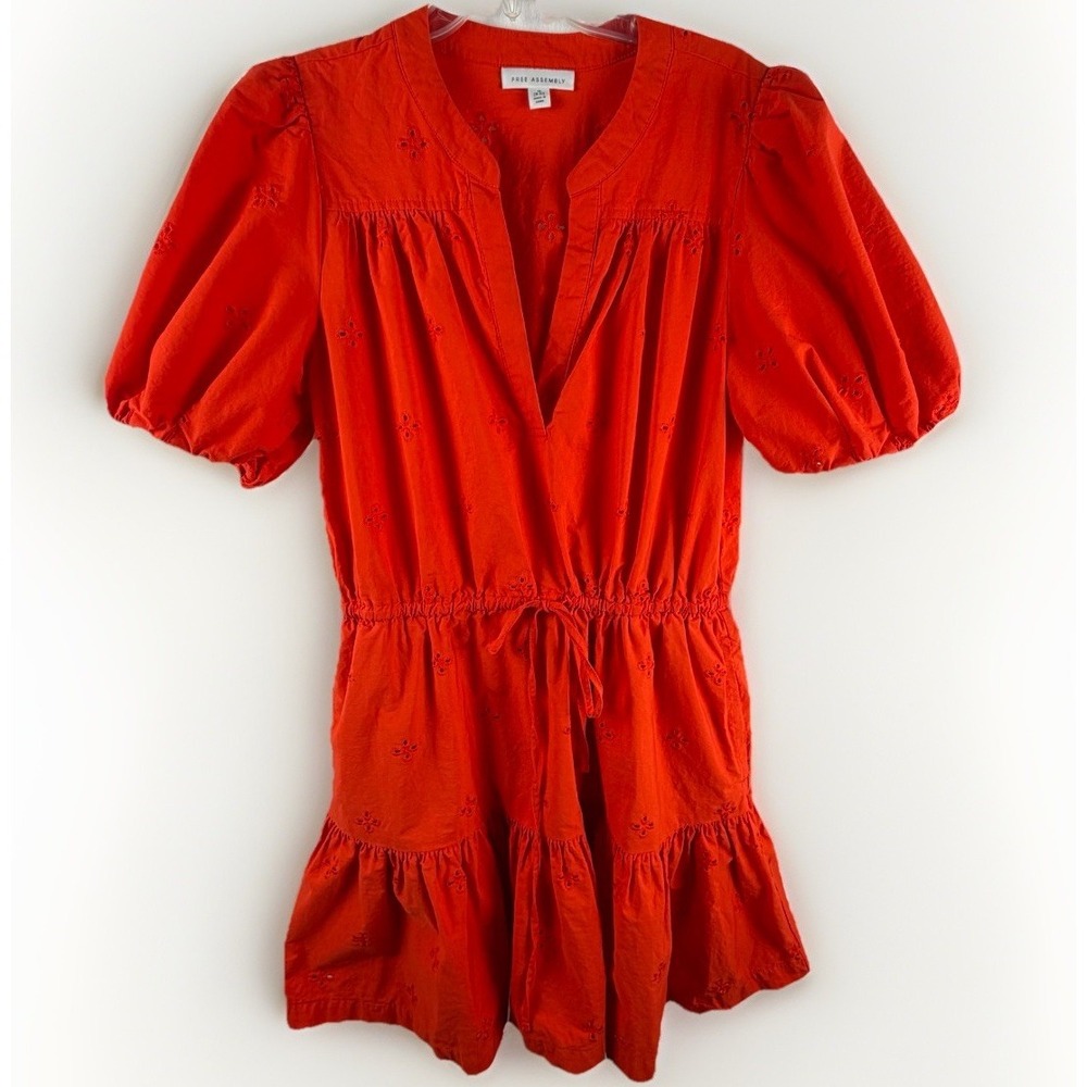 Free Assembly 100% Cotton Eyelet Tiered Mini Dress Orange Puff‎ Sleeve Cottage